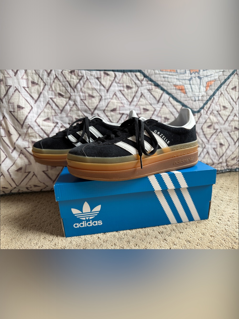 *NIB* adidas Gazelle Bold W, Black, White Stripes, Thick Gum Soles, Sz 6W
